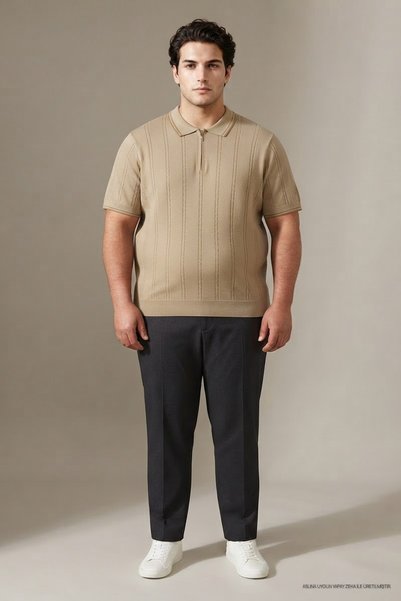 Maccali Erkek Çizgili Büyük Beden Bej Triko Polo Yaka T Shirt