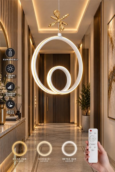 Elektroyou Yakamoz Beyaz Kumandalı 3 Renk Dimmerli Ledli Gold Çizgili Krom Ke...