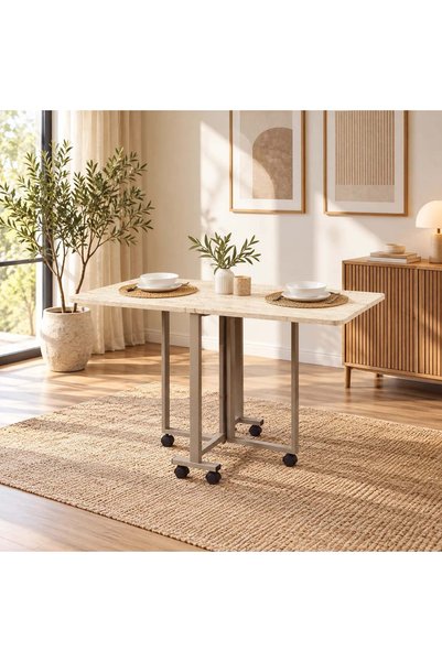 Uvi Collection Ada Mini Katlanabilir Çok Amaçlı Mutfak Yemek Masası Traverten