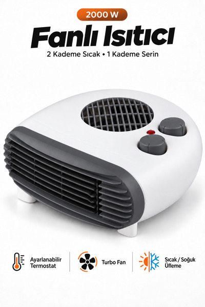 Badem10 2000W Turbo Fanlı Isıtıcı Elektrikli Soba Sıcak Soğuk Üflemeli Termostatlı 3 Kademeli Ev Ofis Isıtıcısı