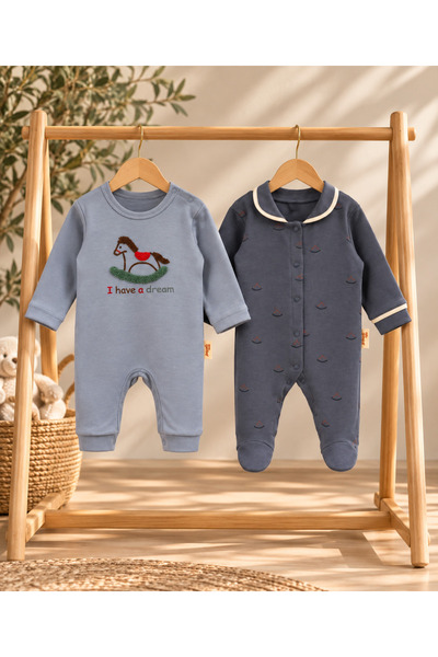 ENİA BABY Erkek Bebek 2'li Tulum Seti %100 Pamuk Sallanan At Nakışlı ve Yakal...