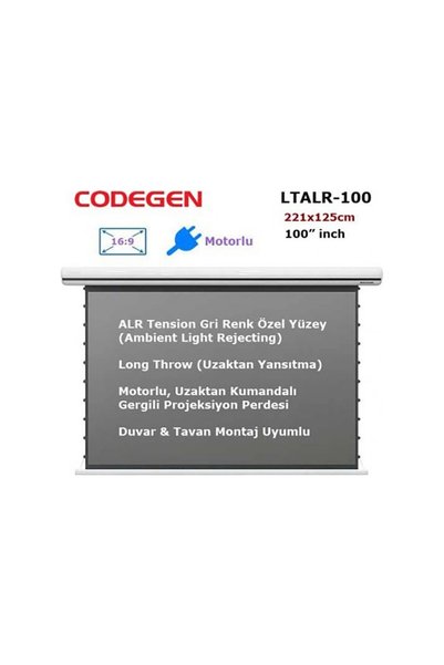 CODEGEN LTALR-100 Long Throw Alr Tension Gri Yüzey Motorlu Projeksiyon Perdesi 100 Inch (221X125CM)