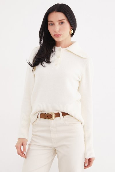 Fulla Moda Half Buttoned Baby Collar Knit Sweater