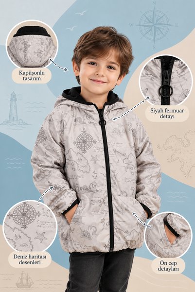 bebegen Boy's Beige Map Patterned Fleece Raincoat