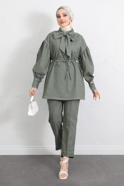 Salih Çelebi Yaka Tie-Detail Denim Set Y0114 - Khaki