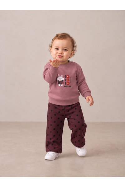 SEENJOB KİDS Simit Yaka Tavşan Baskılı Sweatshirt/Puantiye Baskılı Bol Paça E...