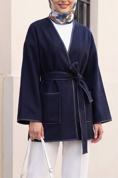 Modamorfo Biye Detaylı çift Cepli Kuşaklı Kaşe Kimono -laci