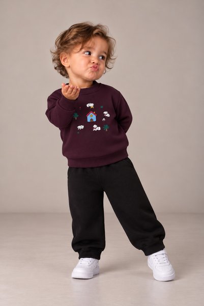 SEENJOB KİDS Oversize Simit Yaka Köpek Baskılı Sweatshirt/Beli Lastikli Eşofm...