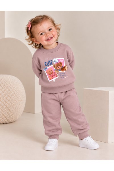 SEENJOB KİDS Simit Yaka Cute Printed Sweatshirt/Elastic Waist Sweatpants 3-St...