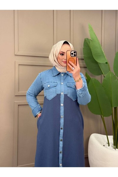 moda4b طقم تونيك نسائي من قطعتين مع بنطلون جينز قطني بخيطين تصميم عصري n-05511 _ أزرق
