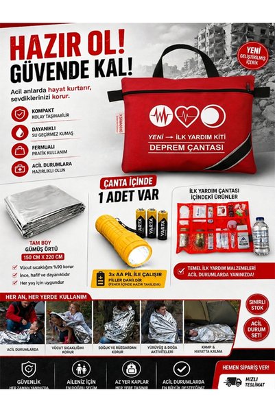 SAVASISG Deprem Çantası Yeni Ilkyardım Kiti GÜMÜŞ 150*220 battaniye dahil