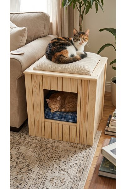 KAFKA AHŞAP Orbit Kedi Evi Sehpa Ham Ladin Ağacı