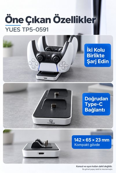 YUES TP5-0591 PS5 DualSense Uyumlu İkili Oyun Kolu Şarj İstasyonu Type-C Şarj Standı