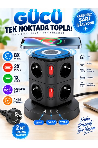 MATECHNO Akım Korumalı Priz Kablosuz Şarj İstasyonu 8xSoket 1xUSB 2xType-C 2 MT Kablolu Grup Priz Çoğaltıcı