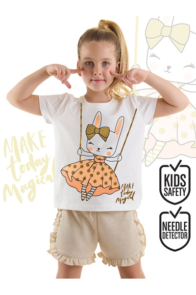 Denokids Happy Rabbit Ruffled Girl's Summer T-Shirt Glitter Shorts Set