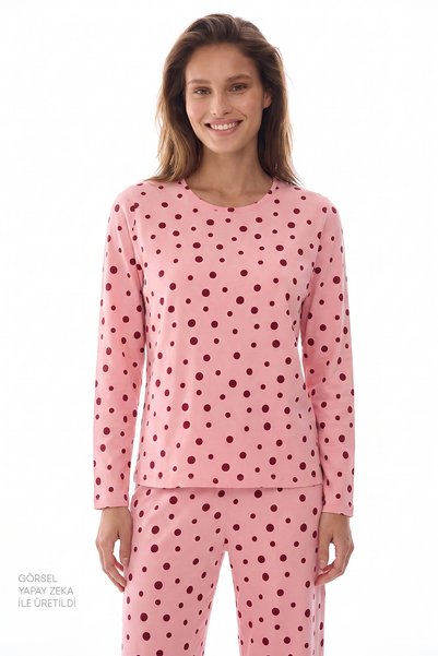 Penti Set de pijamale din bumbac cu mâneci lungi, cu model roz cu buline