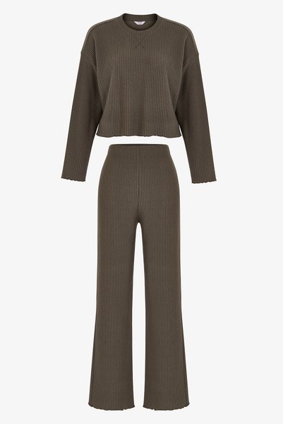 Penti Haki Khaki Waffle Uzun Kollu Pantolon Pijama Takımı