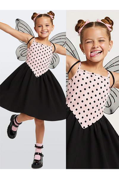 Denokids Kız Çocuk Elbise Pamuk Pembe Siyah Puantiyeli İlkbahar Yaz Sezonu 5-...