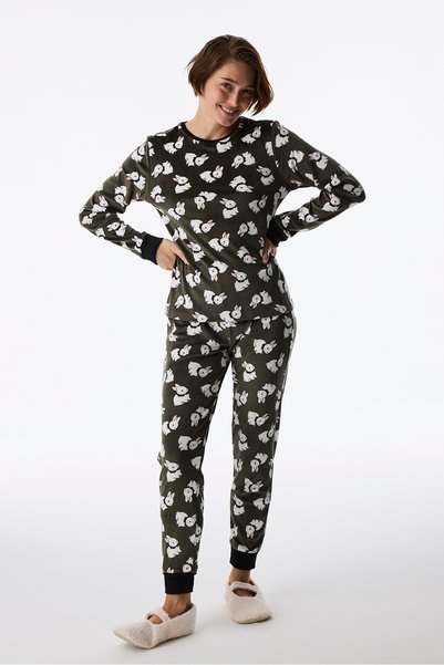 Penti Khaki Cute Bunny Fuzzy Pants Long Sleeve Pajama Set