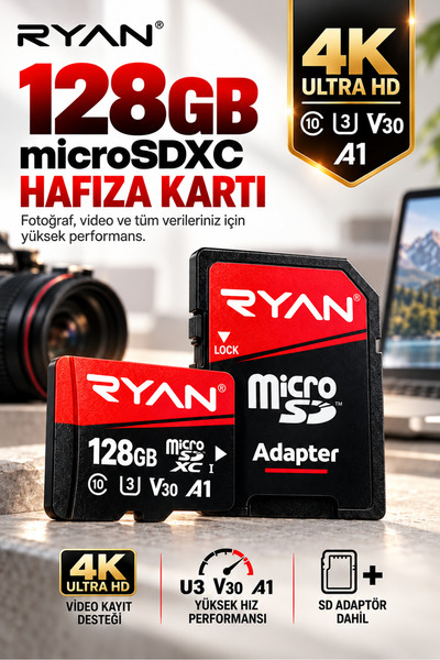 Ryan Technology 128GB Micro Sd Hafıza Kartı U3 V30 4K Araç Kamerası Drone Tel...