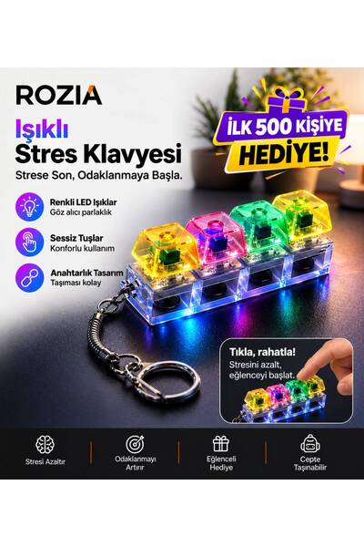 ROZIA RGB Işıklı Mekanik Tuşlu Stres Oyuncağı Fidget Toy Click Sesli Mini Kla...