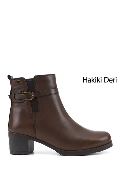GÖNDERİ(R) Kadın Kahve Antik Fermuarlı Kalın Topuklu Hakiki Deri Bot