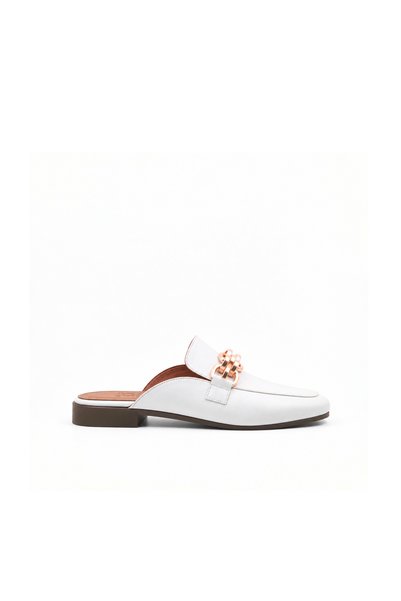 Folle White Genuine Leather Women's Loafer Slippers with Gold Chain Detail Ca...