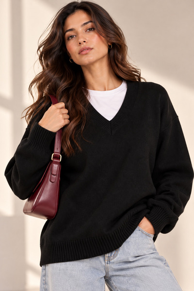 deqfashion Kadın Siyah V Yaka Oversize Salaş Triko Kazak