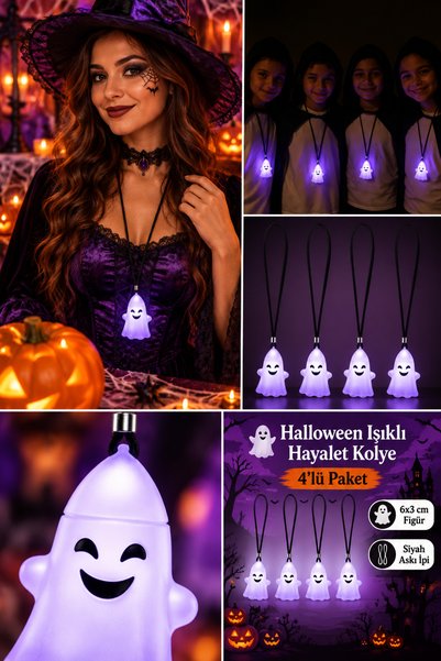 DODOMAR Halloween Ghost Pendant 4-Pack Illuminated 6X3 cm Black String Hallow...