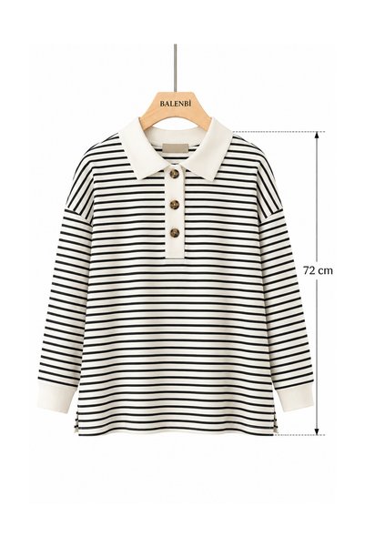 Balenbi Kadın Patlı Oysh Modal Kumaş Polo Yaka Çizgili Tunik 399 Siyah