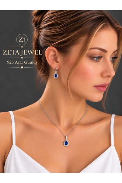 Zeta Jewel Gümüş Safir Oval Taşlı Sallantılı Küpe ve Kolye Seti-Hediye kutulu