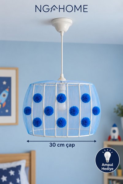 NGAHOME Ponponlu Çocuk Odası Avizesi 30 cm | Metal Kafes, Tüllü, E27 Duy Deko...