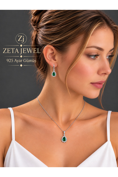 Zeta Jewel Gümüş Zümrüt Damla Taşlı Sallantılı Küpe ve Kolye Seti-Hediye Kutulu