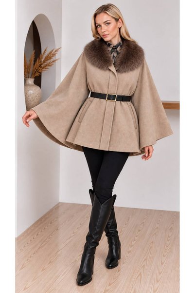 Moda Banuş Fur Collar Belted Cashmere Beige Poncho
