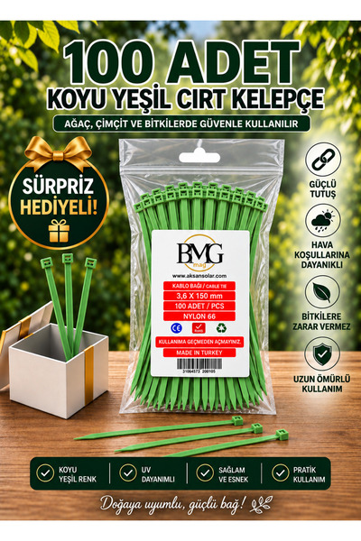 By mag 3.6x150 Orjinal Kablo Bağı Yeşil Cırt Kelepçe (15cm uzunluk) Ağaç, çim...