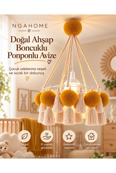NGAHOME El Yapımı Bohem Ahşap Boncuk Avize – Hardal Sarı Ponponlu & Püsküllü ...