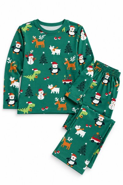FEG STORE 100% Cotton Green Long Sleeve Christmas Themed Snowman and Deer Pri...