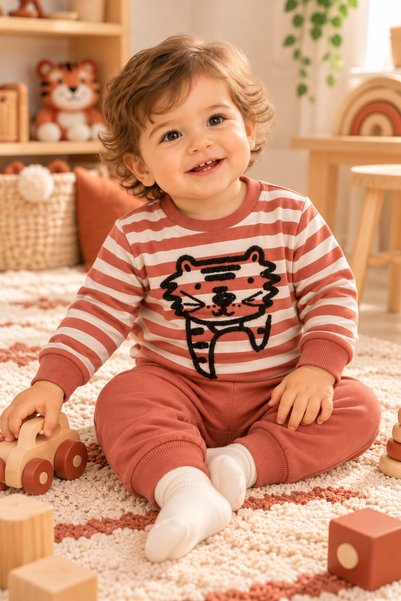 HK HOPKİDS Baby Boy Süzene Embroidered Striped Seasonal Top and Bottom Set