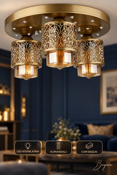 Begüsa Linosa 3'lü LED'li Kumandalı Eskitme Avize, Modern Sarkıt Avize, Dekor...