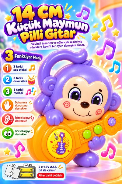 hak-iş oyuncak 14 cm Küçük Maymun Pilli Gitar