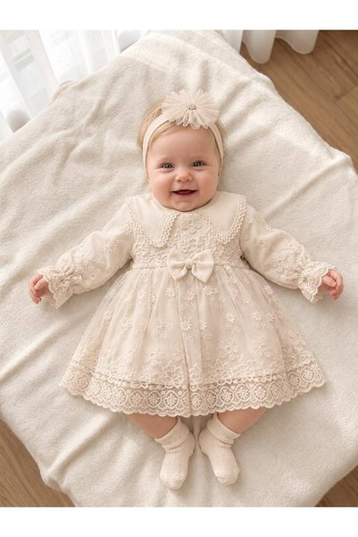 Bebila Baby Kız Bebek Mevlütlük Elbise Bandanalı Dantelli Yenidoğan Hastane ç...