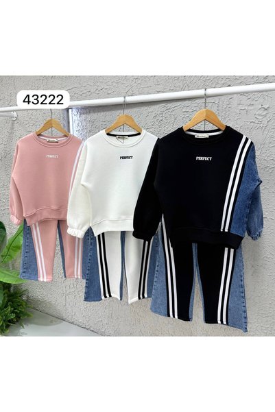 AYKİDSCLUP Girl's 3-Thread Ruffled Denim Garnished Stripe Detailed Sweatshirt and Wide-Leg Sweatpants Set 1610-S