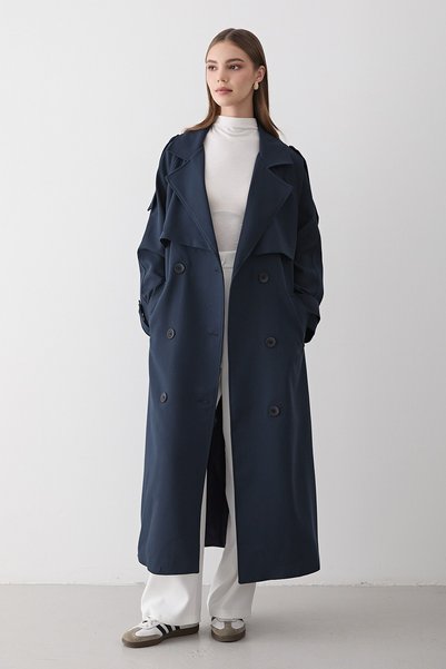 JASTE Women's Navy Blue Double-Breasted Collar Belted Long Trench Coat