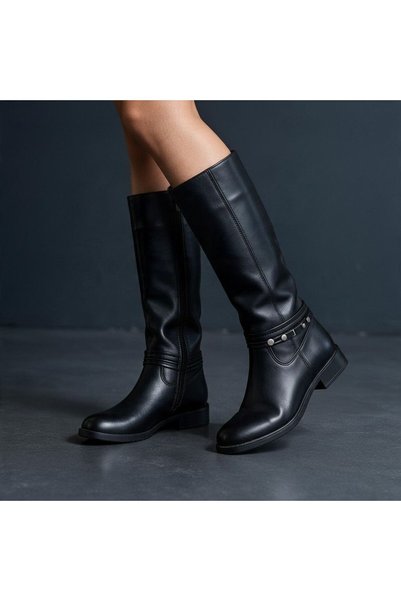 NE&VE SHOES Μαύρες γυναικείες μπότες από γνήσιο δέρμα με φερμουάρ μέσα και λο...