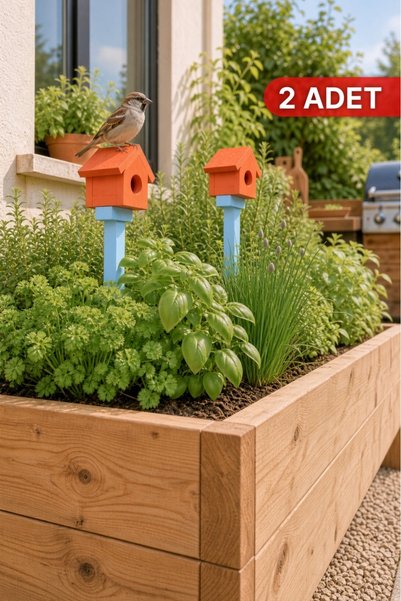 Bino 2 ADET Dekoratif Ahşap Kuş Yuvası Kuş Evi Toprağa Saplamalı Saksı Balkon ve Bahçe Süsü Turuncu ve Mavi 52cm