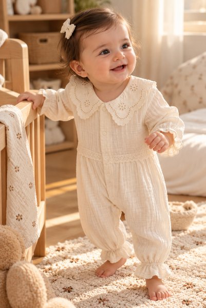 MİLABABY Baby Girl Muslin Jumpsuit 100% Cotton Cream Embroidered Collar Lace ...