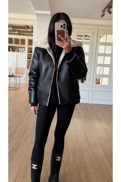 FEMMESTUDIO Women's Black Fur Lined Buttoned Leather Coat
