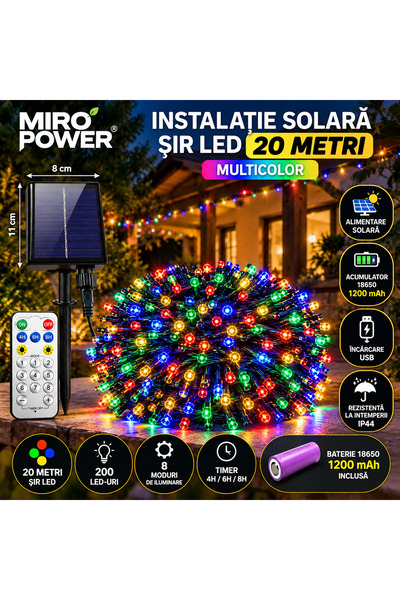 Miro Power Lumini solare de Crăciun 20 m, 200 LED-uri colorate, baterie litiu...