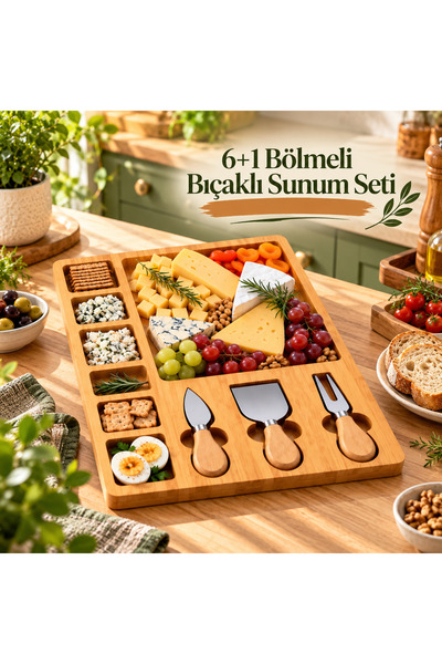 DECOFORM 6+1 Bölmeli Ahşap Kahvaltı & Peynir Sunumluk 3’lü Bıçaklı kahvaltı v...