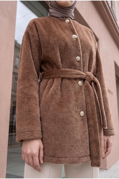 HİJABAYA Düğmeli Beli Bağlamalı Oversize Reglan Kol Tesettür Kürklü Ceket -Ka...